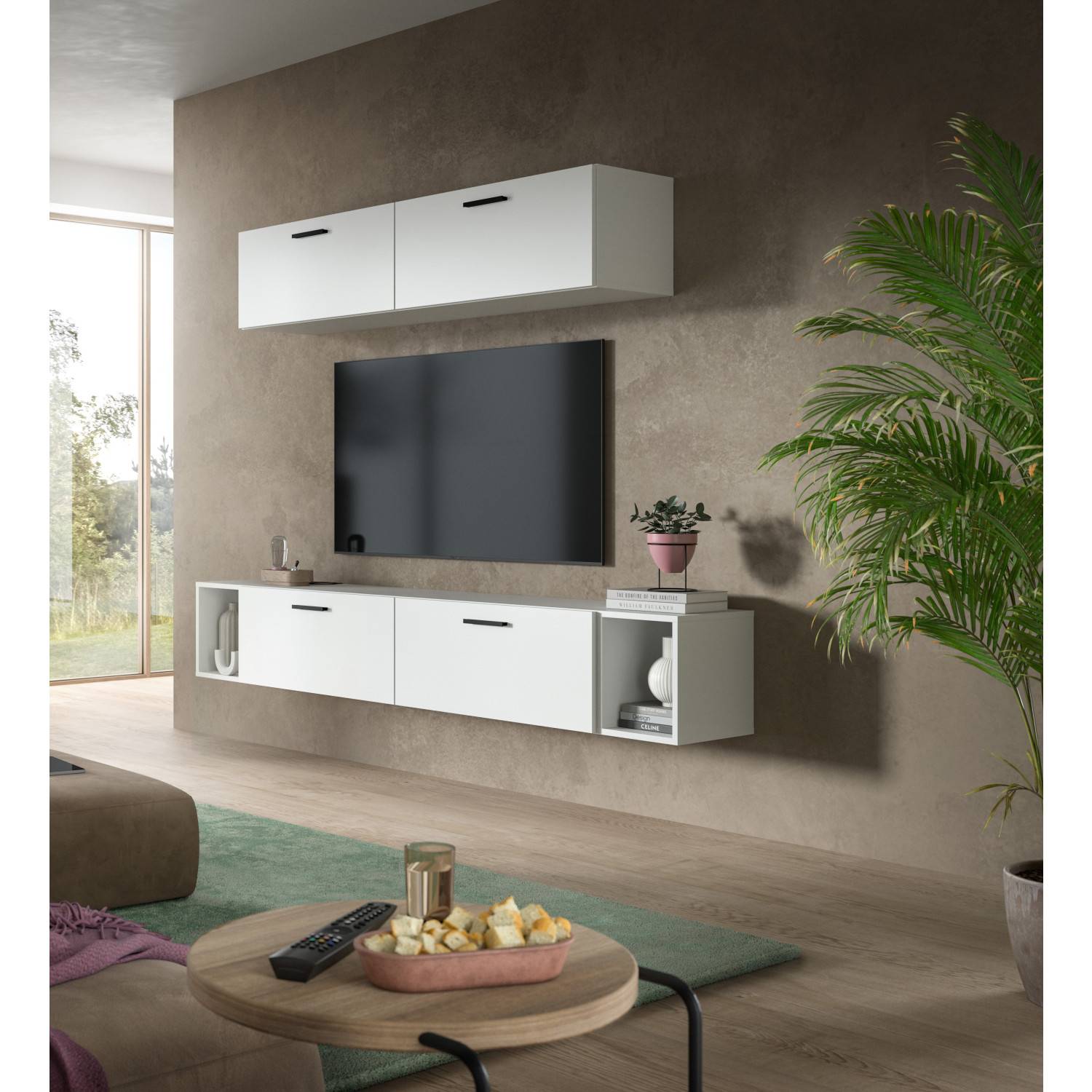 Weiße schwebende Wohnwand mit TV und Deko im modernen Wohnzimmer – Actionsa