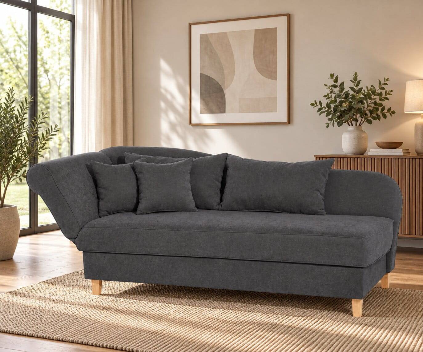 Chaiselongue in Anthrazit mit Buche - Adelina
