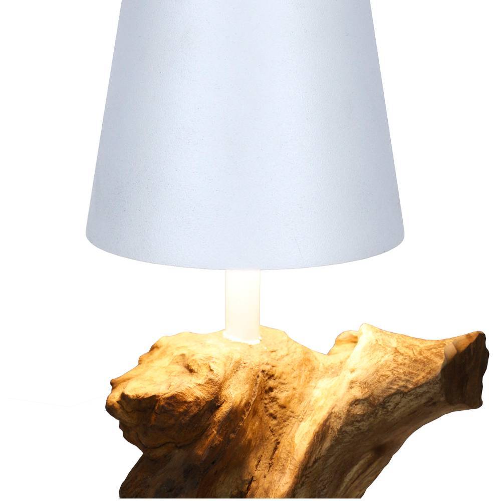 Beleuchtete Aufladbare LED-Tischleuchte mit weißem Schirm und markantem Naturholzfuß – One