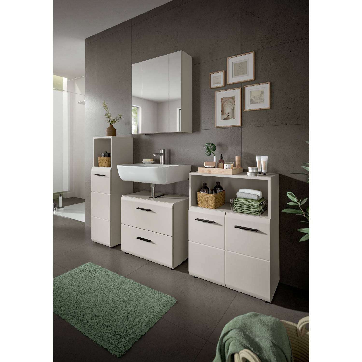 Komplettes helles Badmöbel Set in Kaschmir Melamin mit Waschtisch, Spiegelschrank und Hochschrank – Donostia