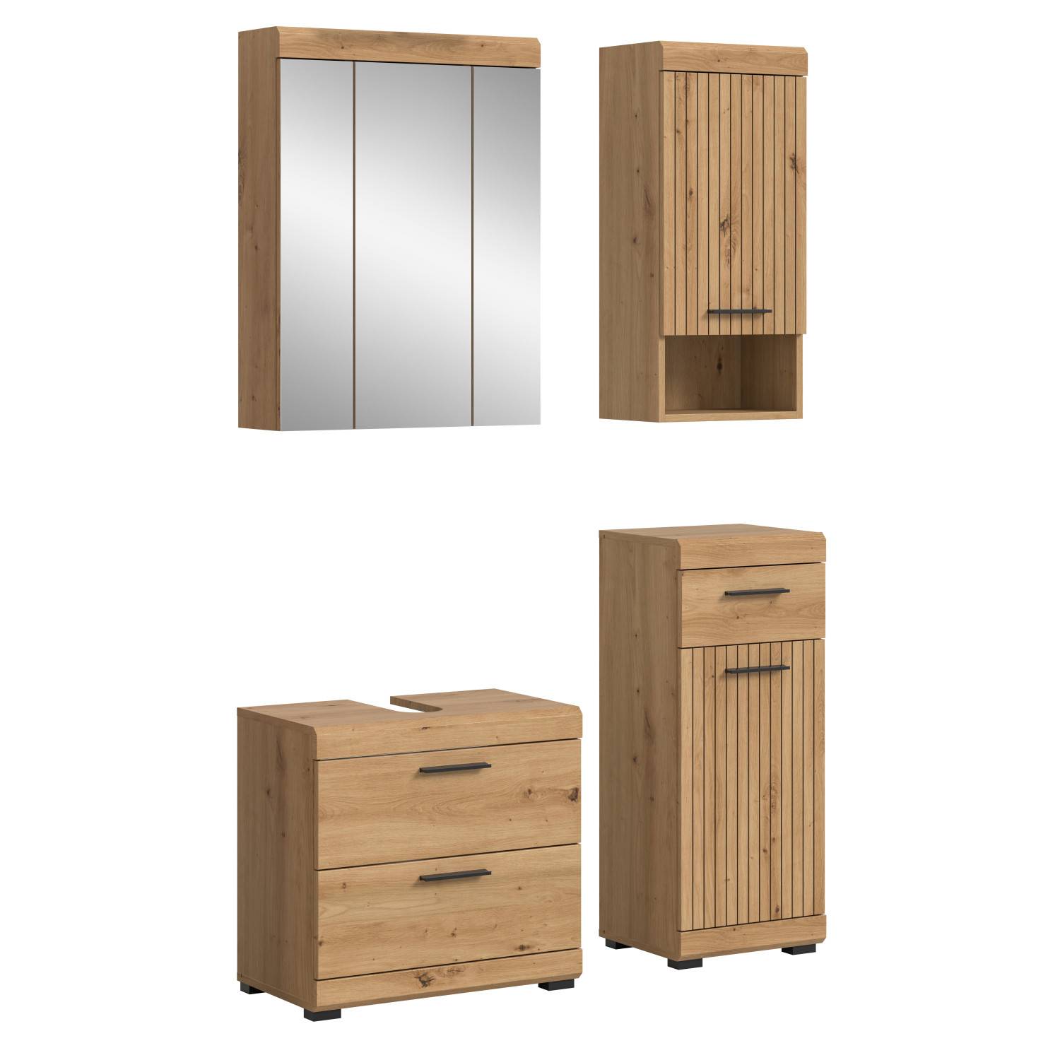 Vierteiliges Badmöbel Set in Wildeiche Nachbildung mit Spiegelschrank und Waschtischunterschrank – Lasewood