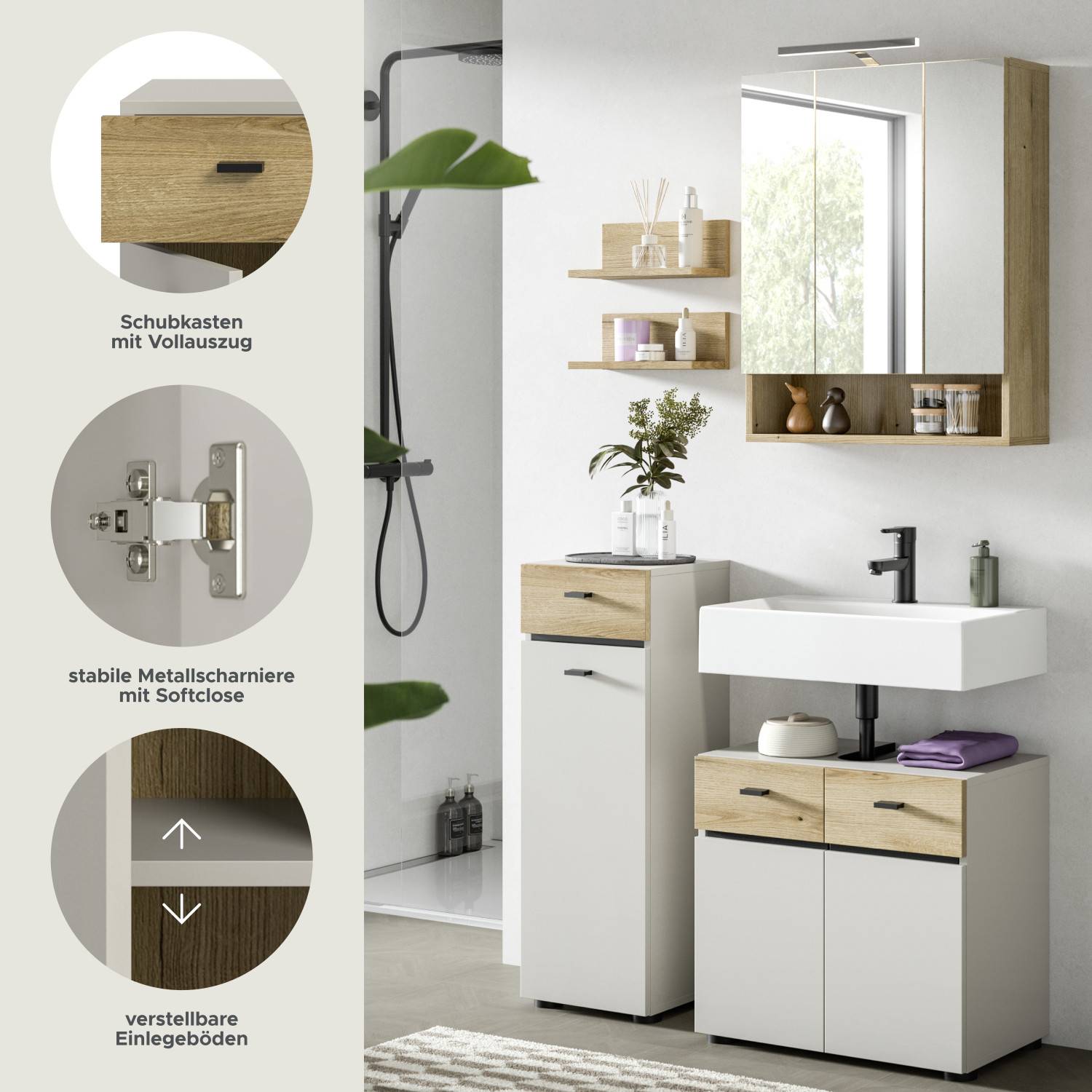 Schubkasten mit Vollauszug, Softclose Scharniere und verstellbare Einlegeböden am Badmöbel Set – Majoristo