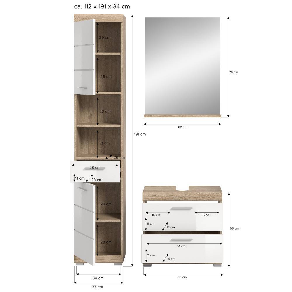 Badschränke und Spiegel Set modern - Calbanyara (dreiteilig)
