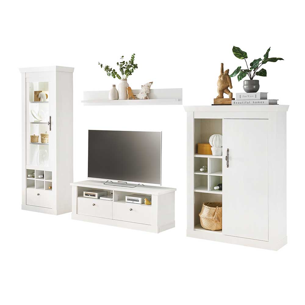 TV Anbauwand Set in weißer Holzoptik Pinie - Liancos (vierteilig)
