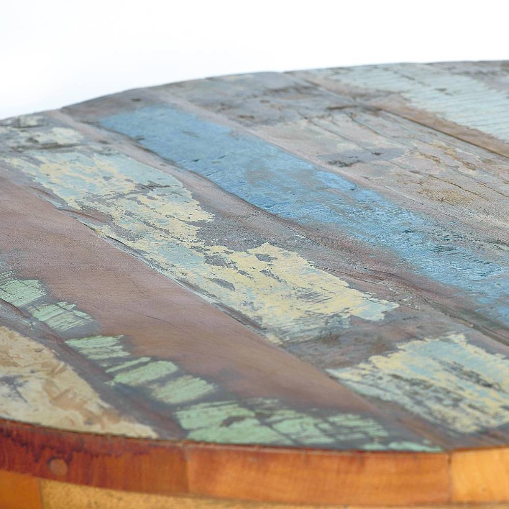 Runde Tischplatte aus farbigem Recyclingholz mit sichtbarer Patina und Holzstruktur – Iljana