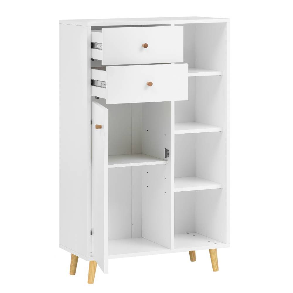 Weißes Bad Highboard im Skandi Design mit zwei Schubladen, offenen Fächern und einer Tür – Anuta