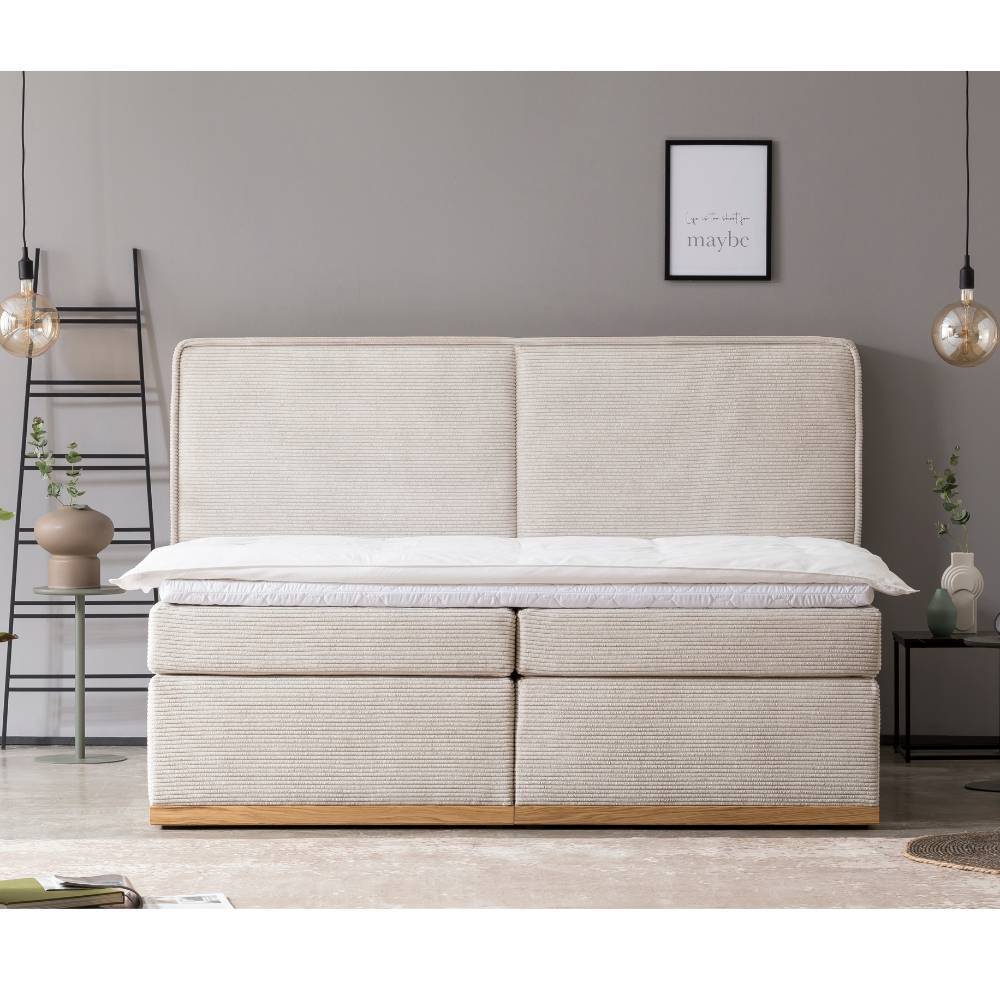 Boxspringbett in Cremeweiß und Holz Natur - Athina
