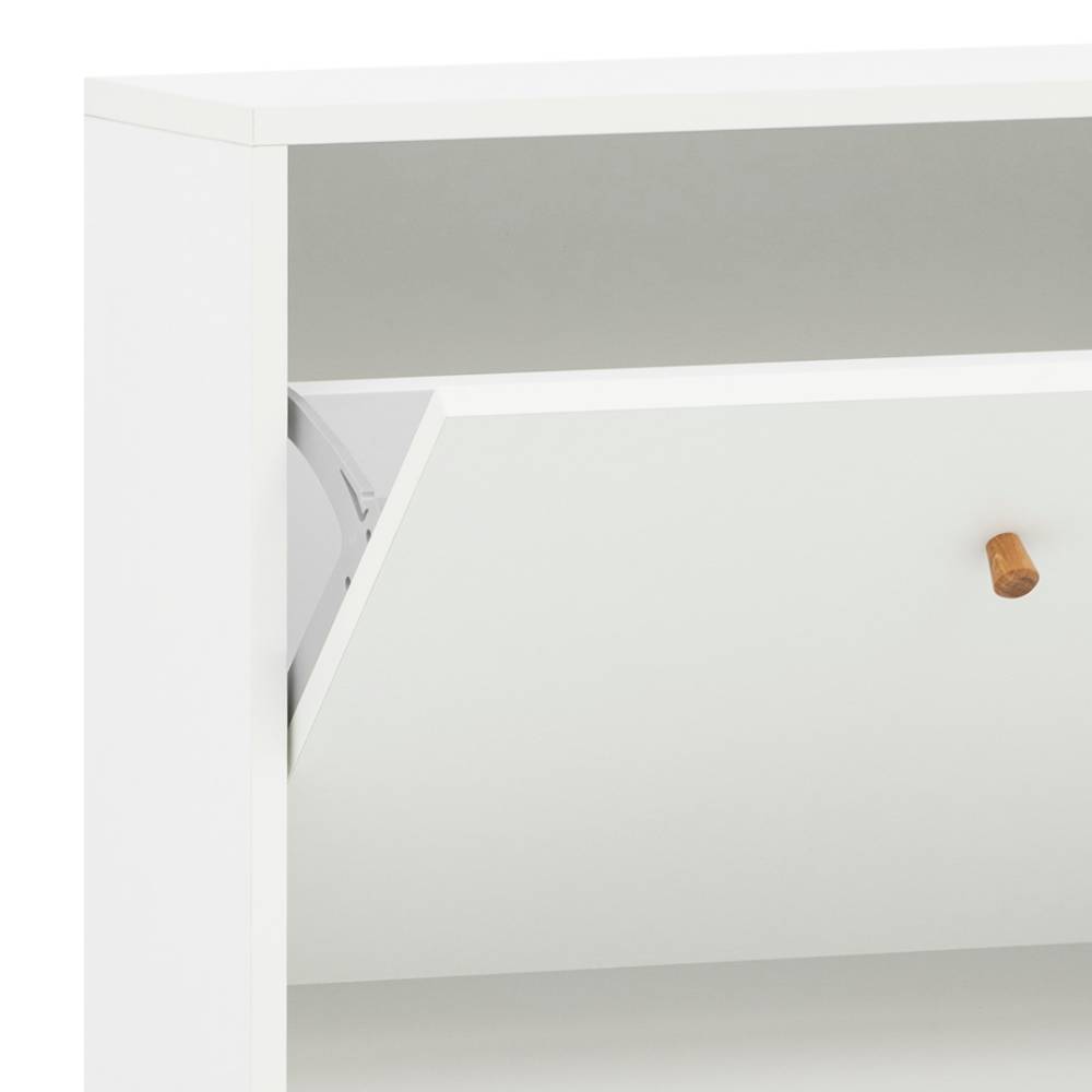 Geöffnetes Schuhfach des weißen Schuhschranks mit Kippmechanismus im Detail – Anuta
