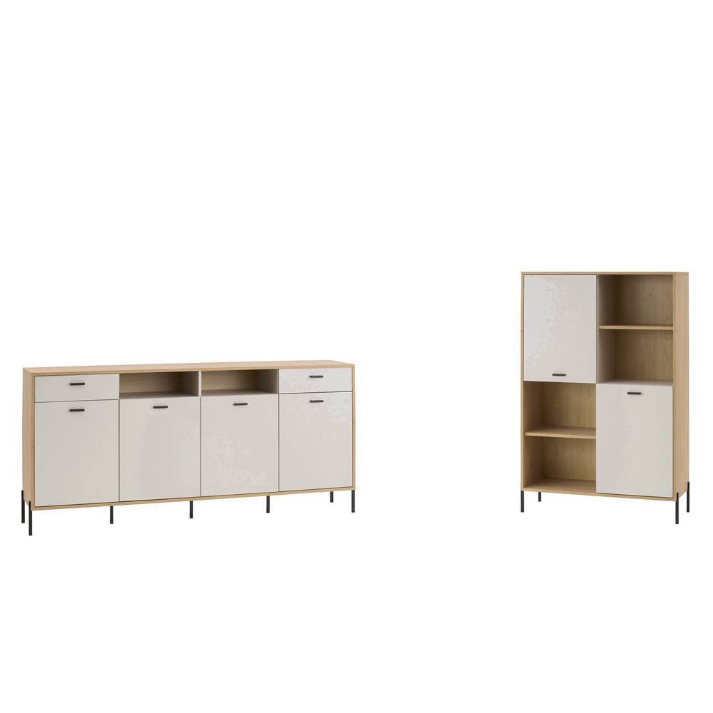 Modernes zweiteiliges Möbelset bestehend aus Highboard und Sideboard in heller Holzoptik und Hellgrau – Dasanti