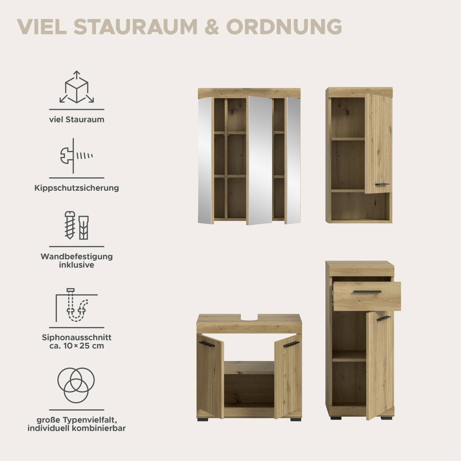 Waschplatz Set vierteilig mit viel Stauraum, Kippschutz, Wandbefestigung und Siphonausschnitt für Badezimmer – Lasewood