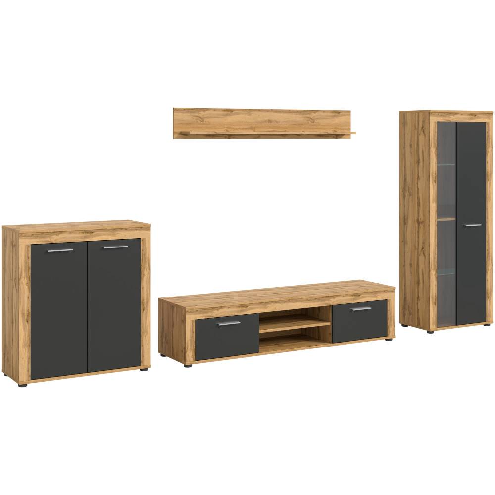 Einzelne Elemente der vierteiligen Fernsehwand: Highboard, TV-Lowboard, Wandregal und Vitrine – Josie