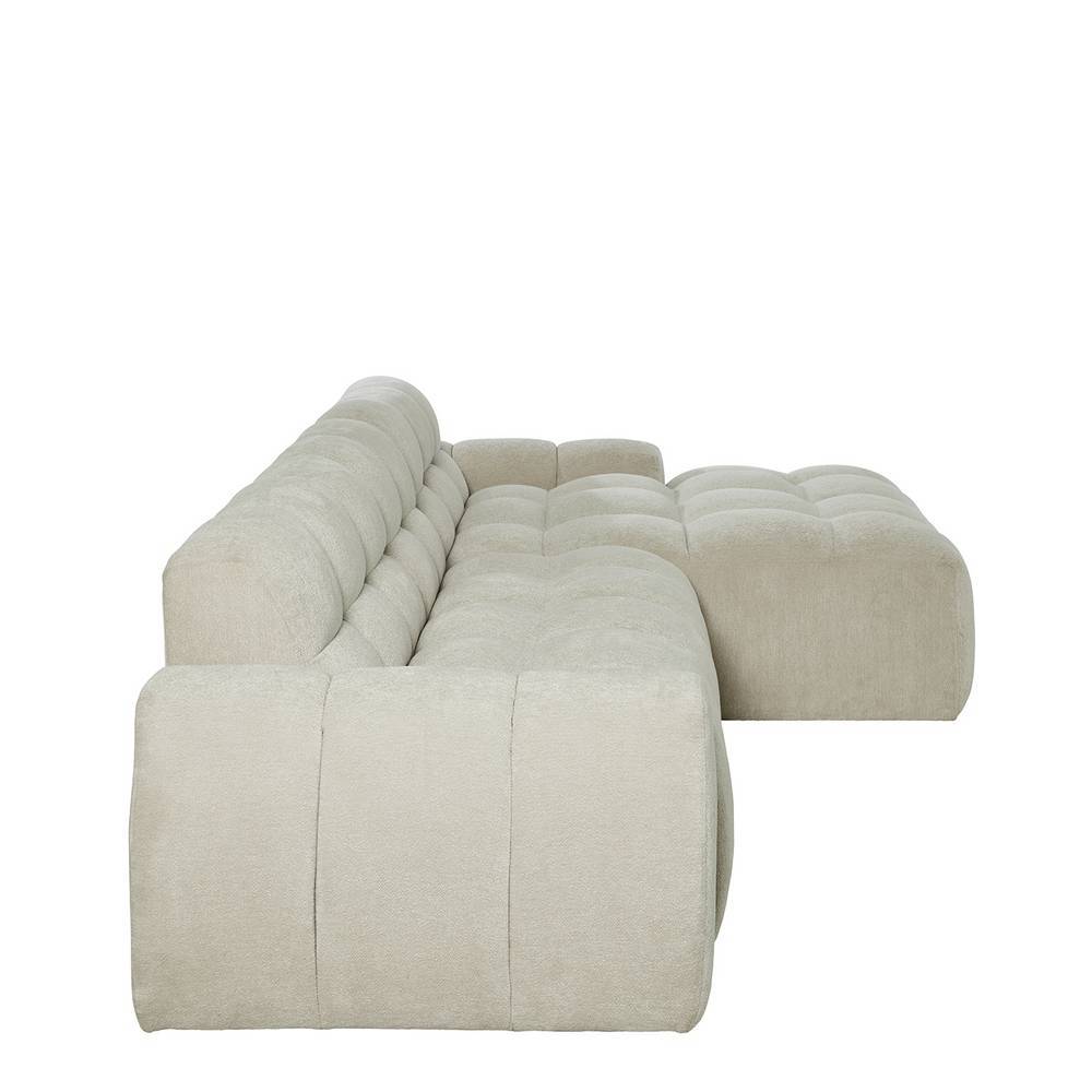 Boucle Ecksofa in Beige von der Seite mit abgerundeten Armlehnen und Rückenlehne – Vedition