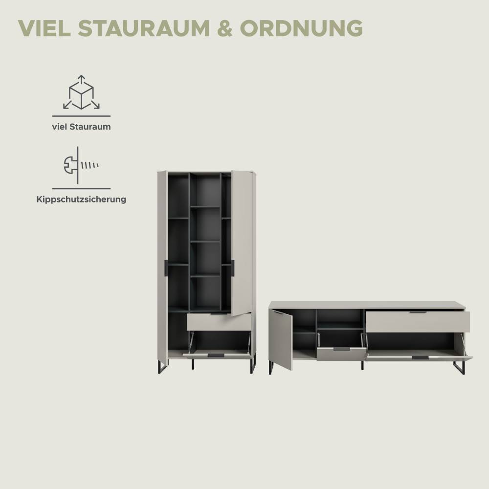Helle Anbauwand mit viel Stauraum und Kippschutzsicherung für Wohnzimmer – Ostinia
