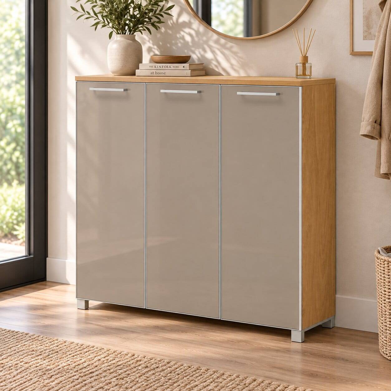 3 türiger Schuhschrank Diecca in Taupe Glas
