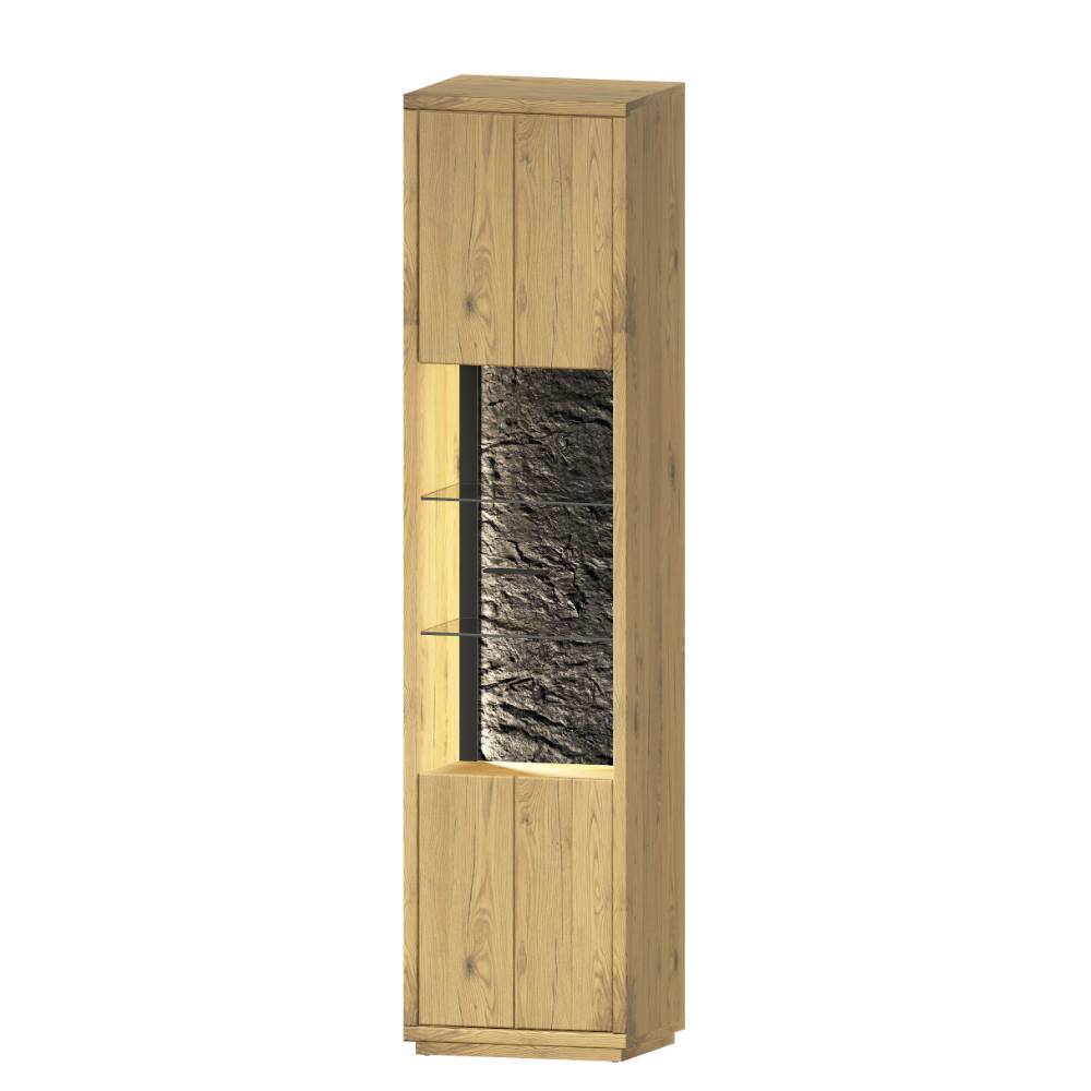 Hohe Massivholz-Vitrine mit zwei Holztüren, offenem Fach mit Glasböden und dunkler Rückwand – Friburgo