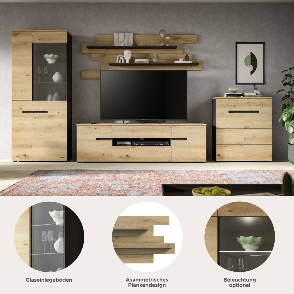 Designmerkmale der Anbauwand mit Glaseinlegeböden, asymmetrischem Plankendesign und optionaler Beleuchtung – Irysma