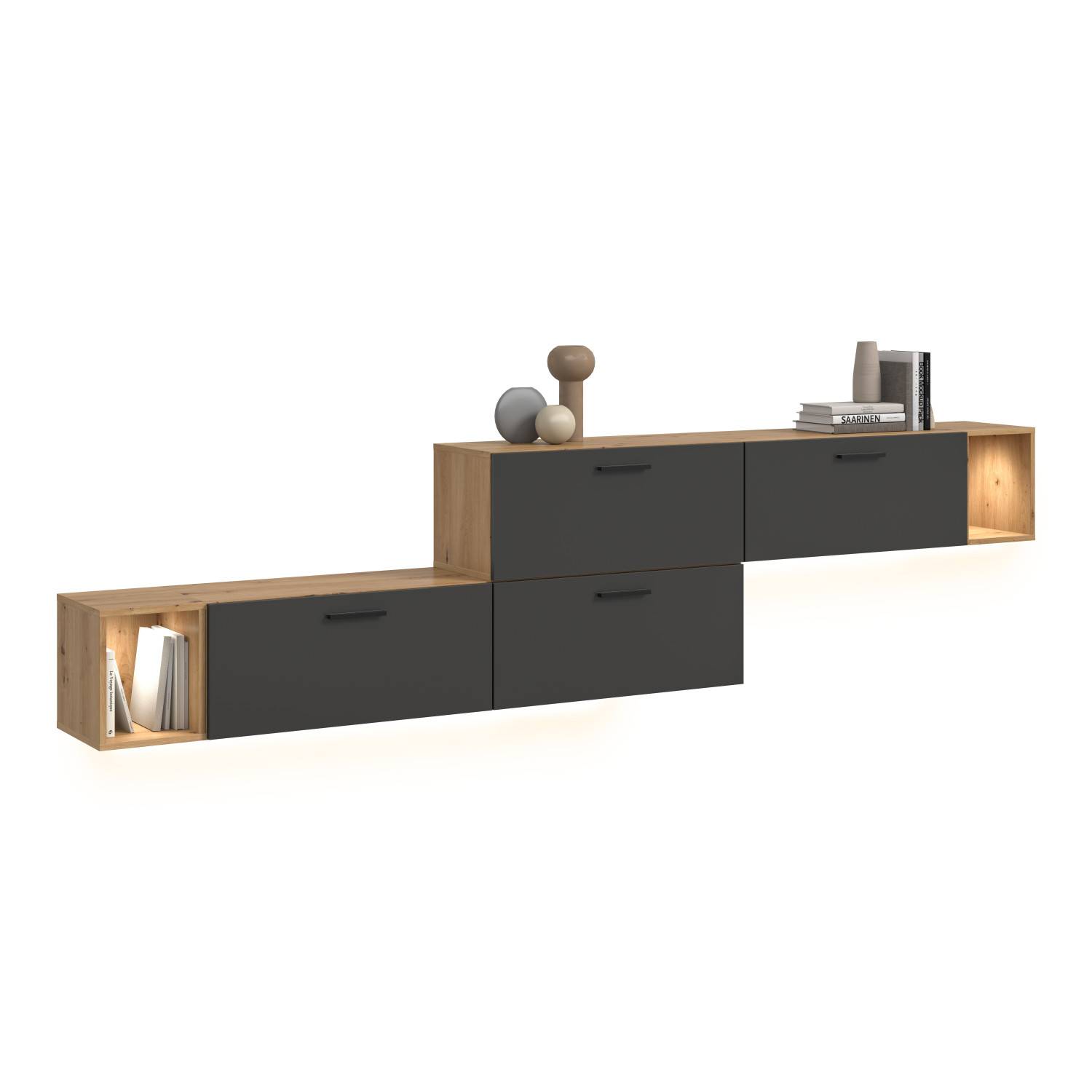 Design TV Wohnwand mit grifflosen Fronten in Anthrazit und Holzoptik mit stimmungsvoller Beleuchtung – Estoron