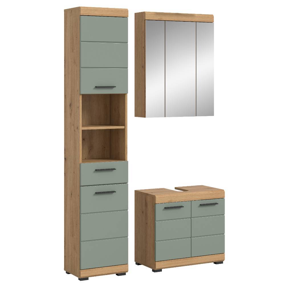 Waschplatz und Hochschrank Set in Salbei - Tamdato (dreiteilig)