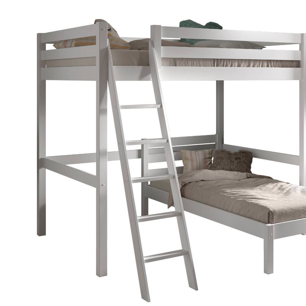 Weißes Hochbett 140x200 mit integrierter Leiter und darunterstehendem Einzelbett 90x200 aus Holz für Kinder – Napcolia