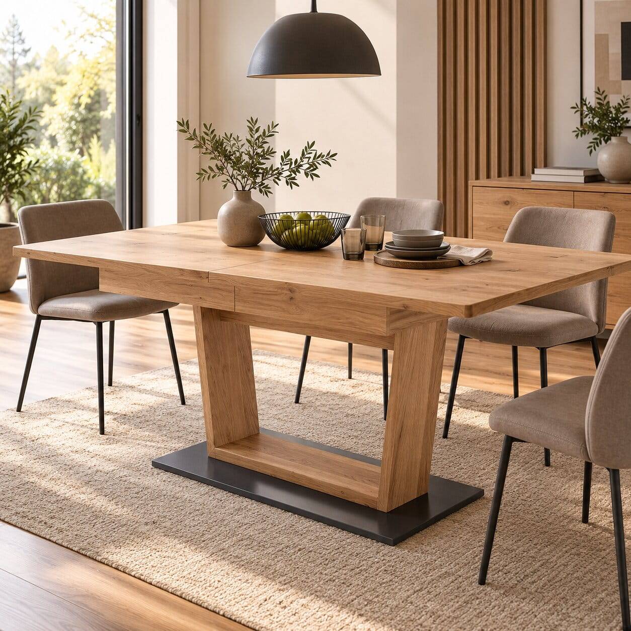 Großer Design Ausziehtisch mit V-Säulenfuß - Assela