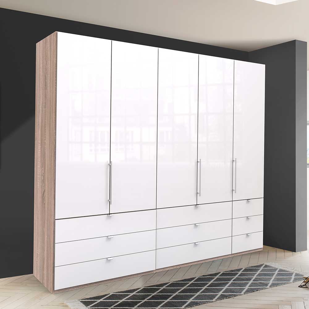 Breiter Kleiderschrank in Weiß Glas & Eiche sägerau