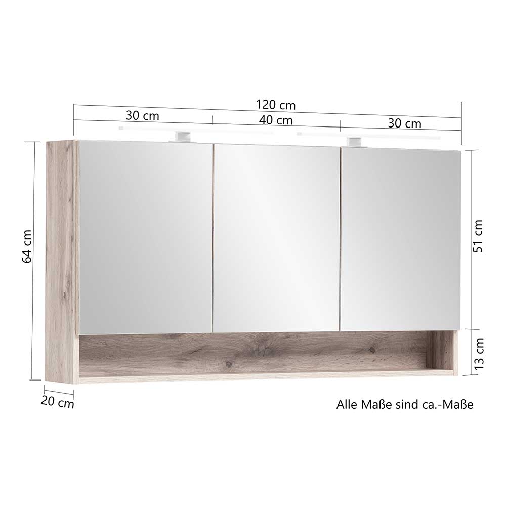 120 cm breiter Spiegelschrank mit 3 Türen & Fach - Tofias
