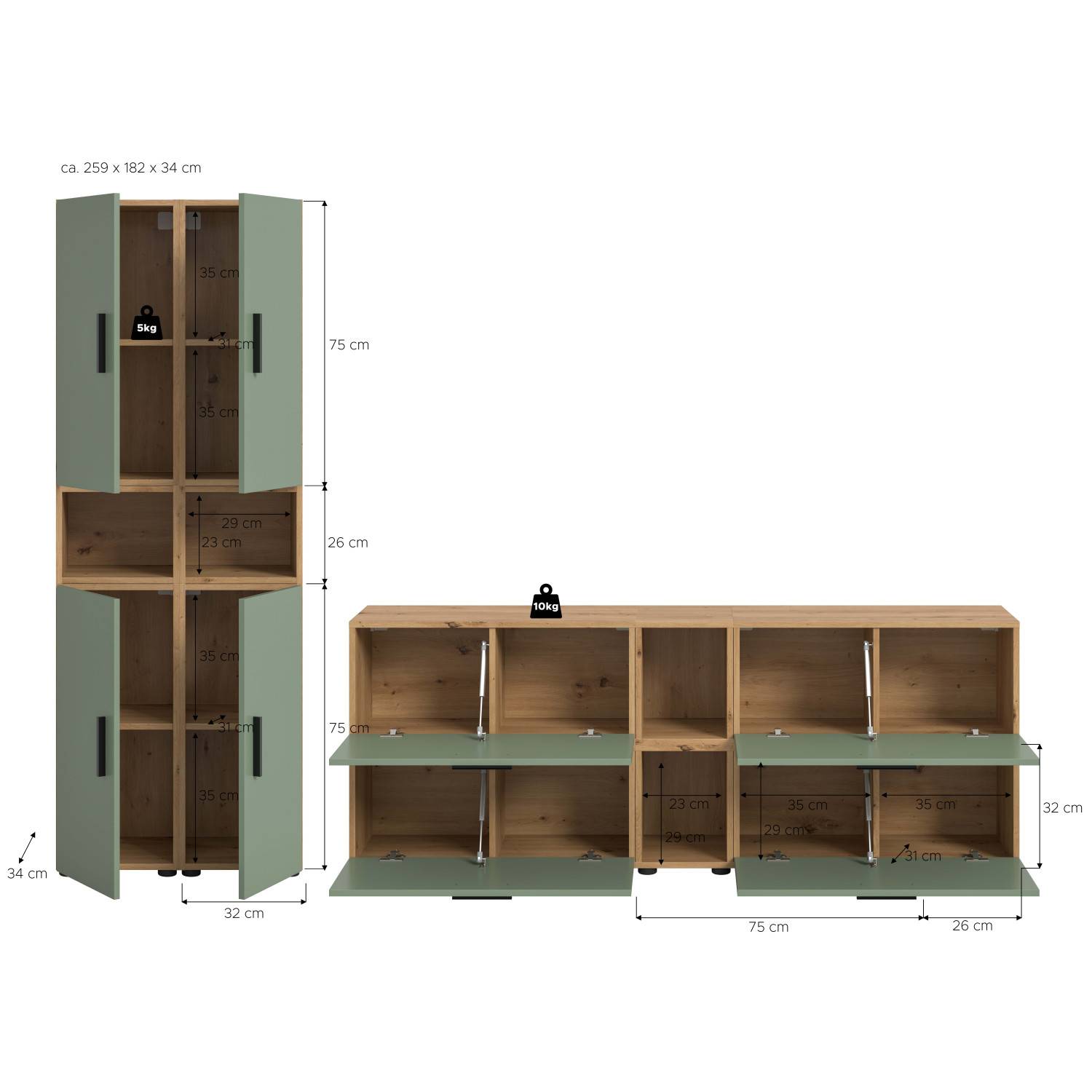 Anbauwand Jonni Maße und Abmessungen der zwei Module in Smoke Green – Jonni