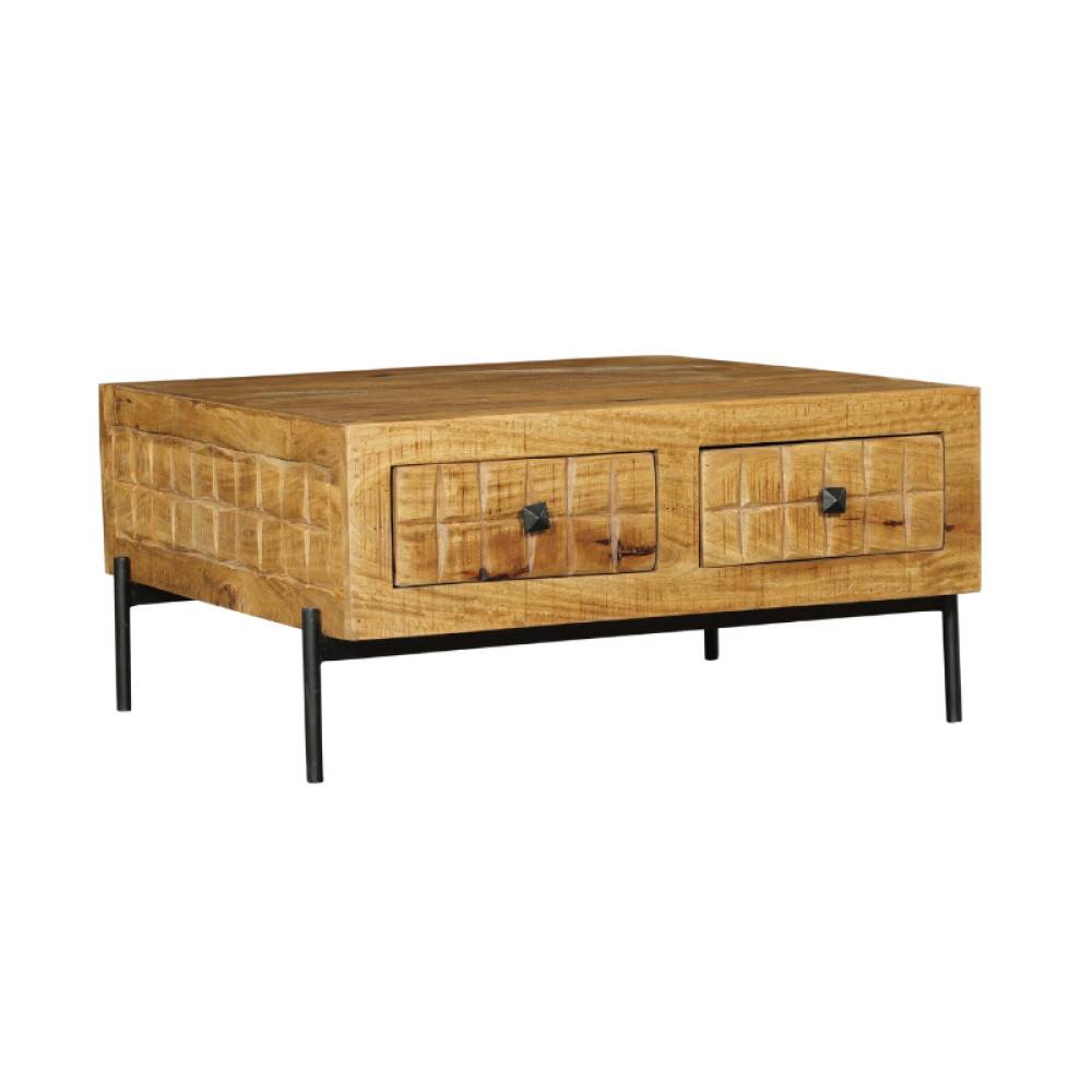 Rustikaler Mangoholz Couchtisch mit zwei Schubladen und schwarzen Metallbeinen – Miaoly