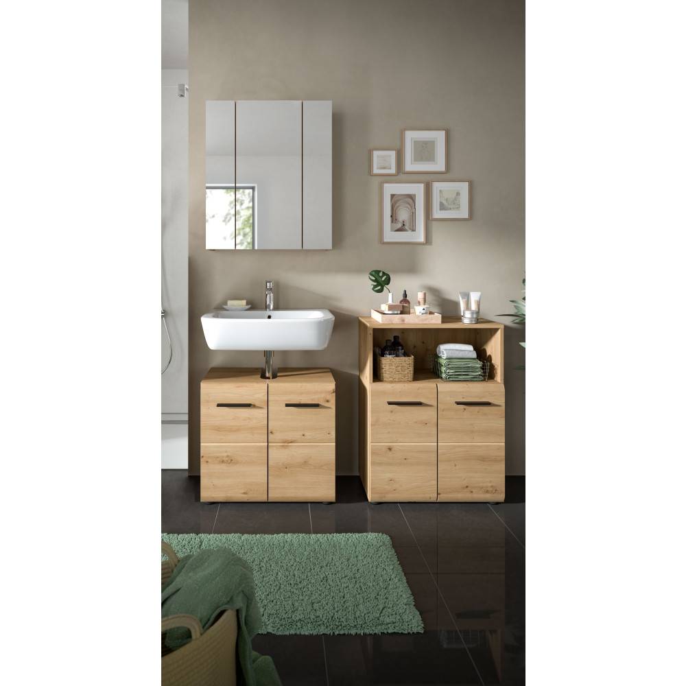 Komplettes dreiteiliges Badmöbelset Artisan Oak mit Spiegelschrank und Waschtisch im Badezimmer – Canopus