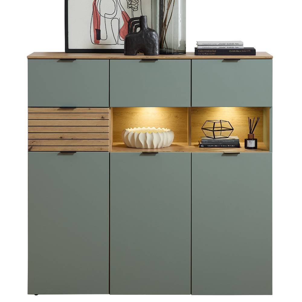125cm breites Highboard in Graugrün und Wildeiche Natur - Halimi