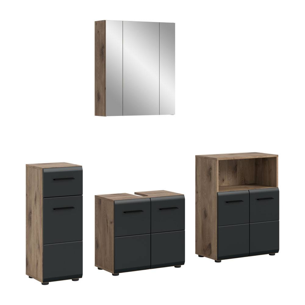 Zweifarbiges Badmöbel Set mit grifflosen Fronten, Hochschrank, Waschtischunterschrank, Kommode und Spiegelschrank – Karina