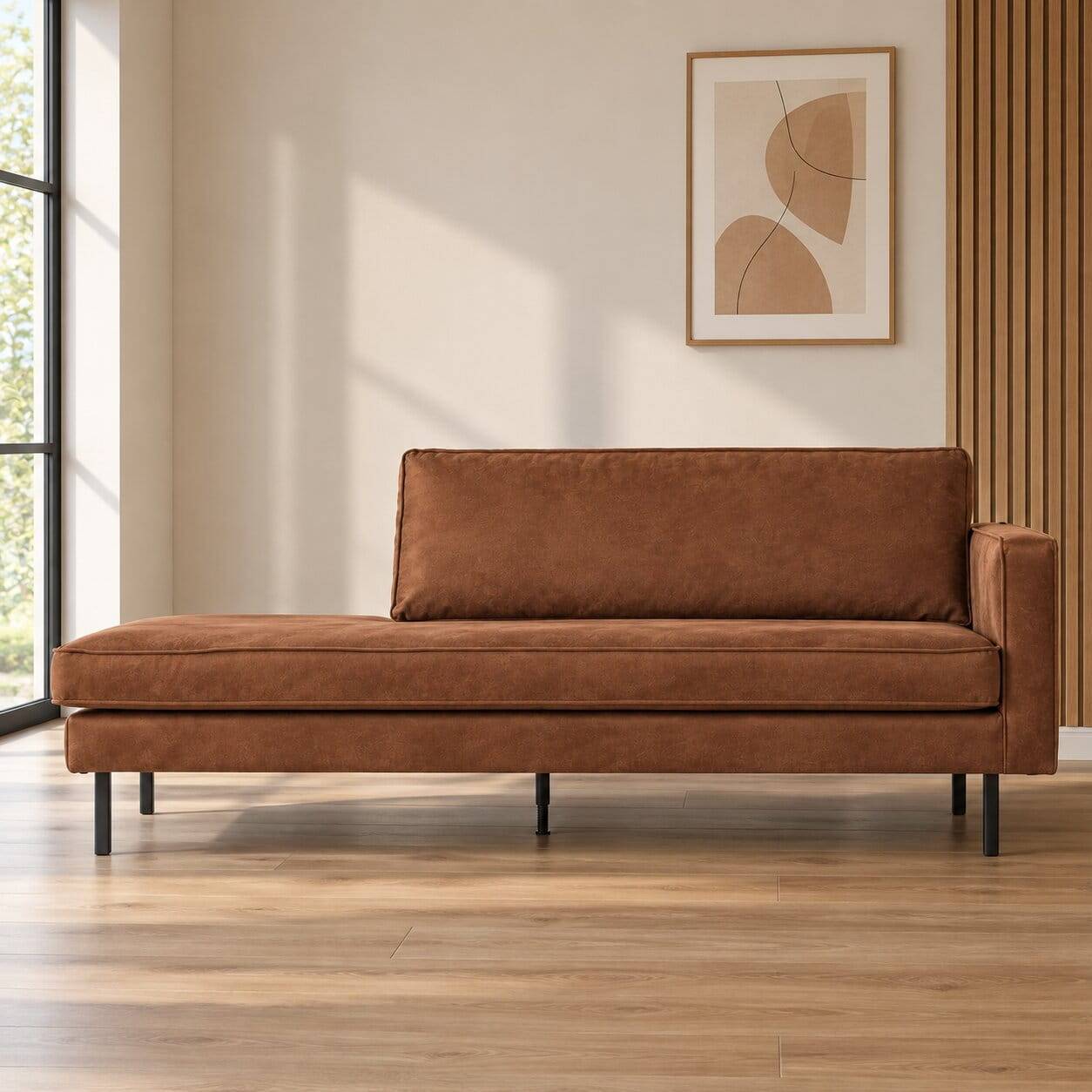 Modernes Retro 3er Sofa in Cognac Braun mit Chaiselongue für das Wohnzimmer – Landon
