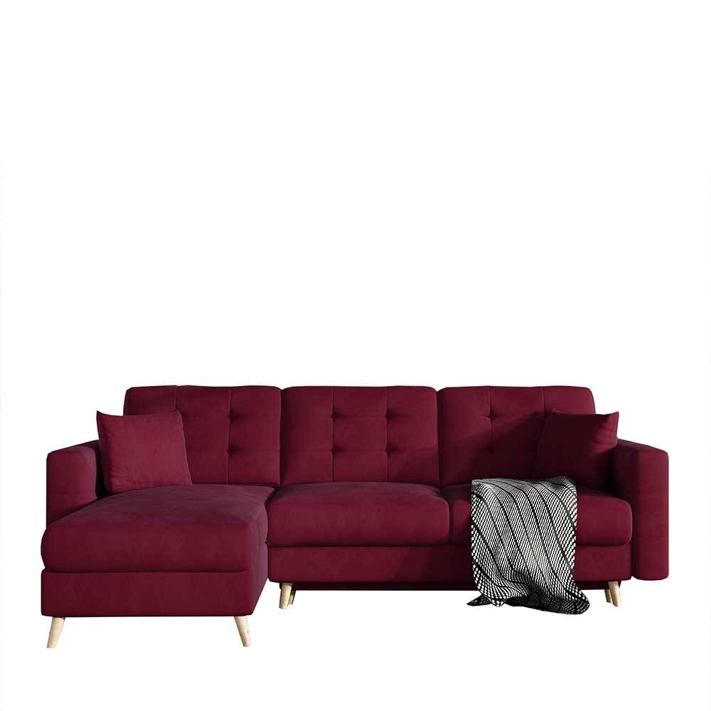 Bordeauxrotes Samt-L-Sofa mit Chaiselongue und weichen Rückenkissen – Delphima