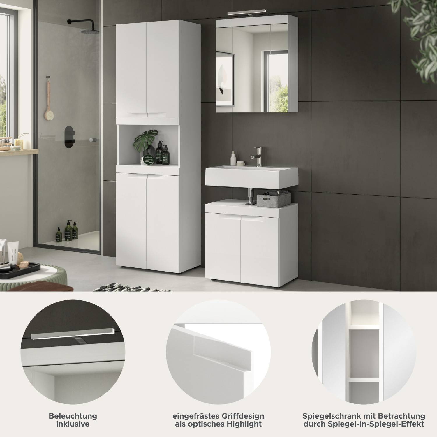 Badmöbel Set Details mit Beleuchtung, eingefrästem Griffdesign und Spiegel-in-Spiegel-Effekt am Spiegelschrank – Bruna