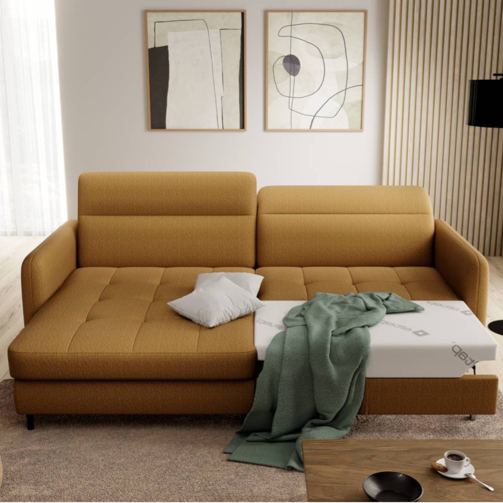 Ecksofa mit Bettfunktion in Senfgelb Stoff - Saye