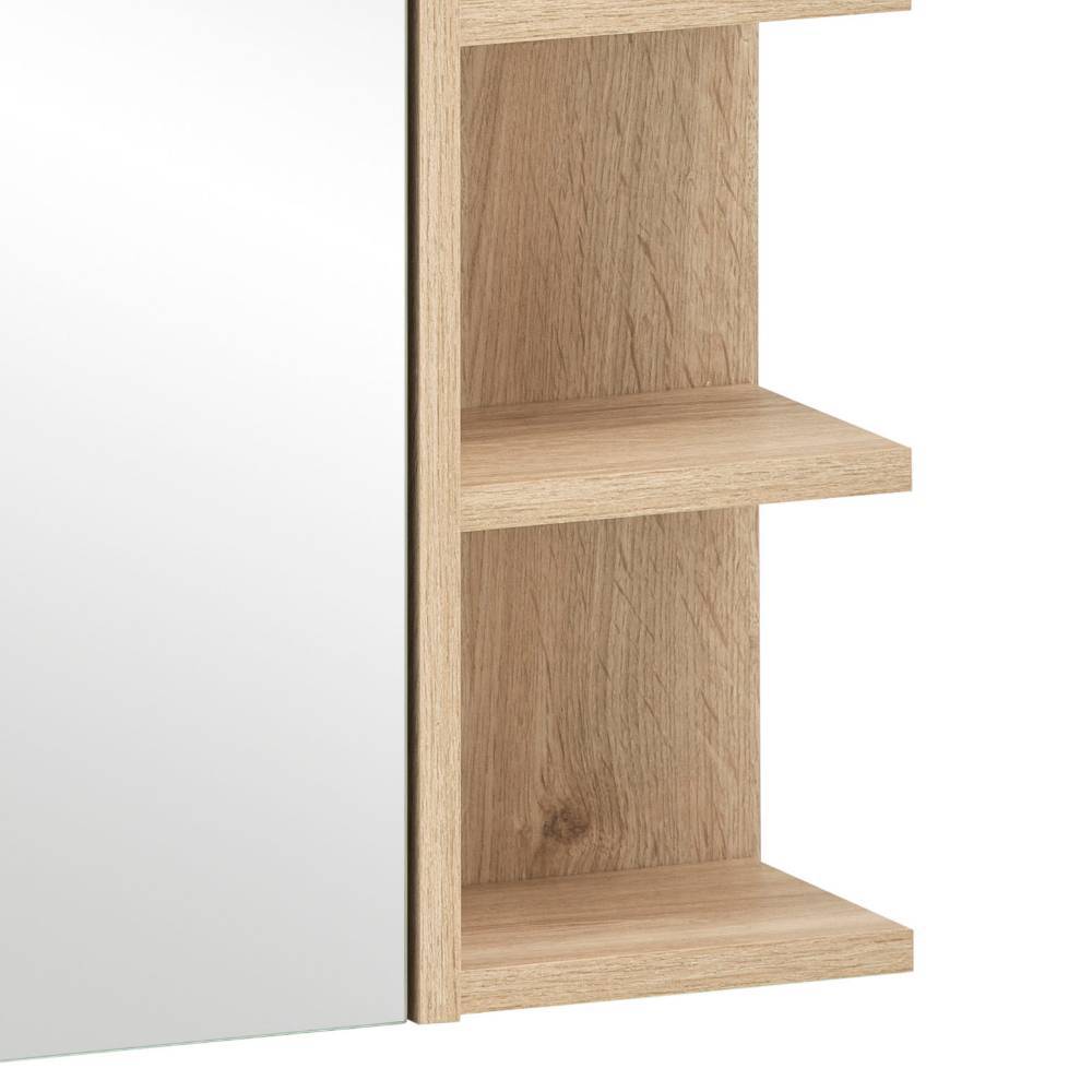 Offenes Seitenregal des Spiegelschranks mit mehreren Ablagefächern in heller Holzoptik – Opal