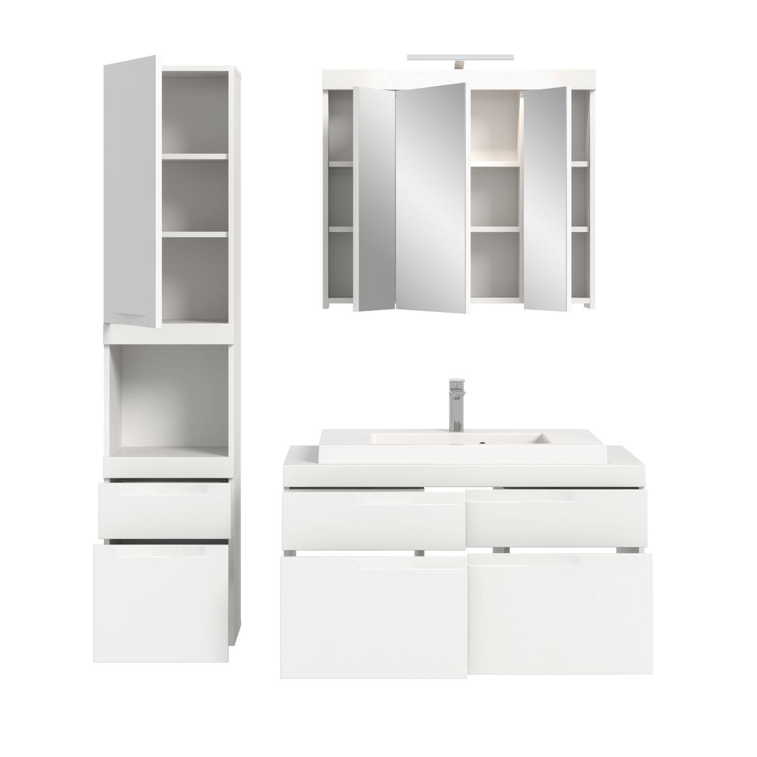 Weißes dreiteiliges Badmöbelset mit offenem Spiegelschrank, Hochschrank und Waschtischunterschrank – Bruna