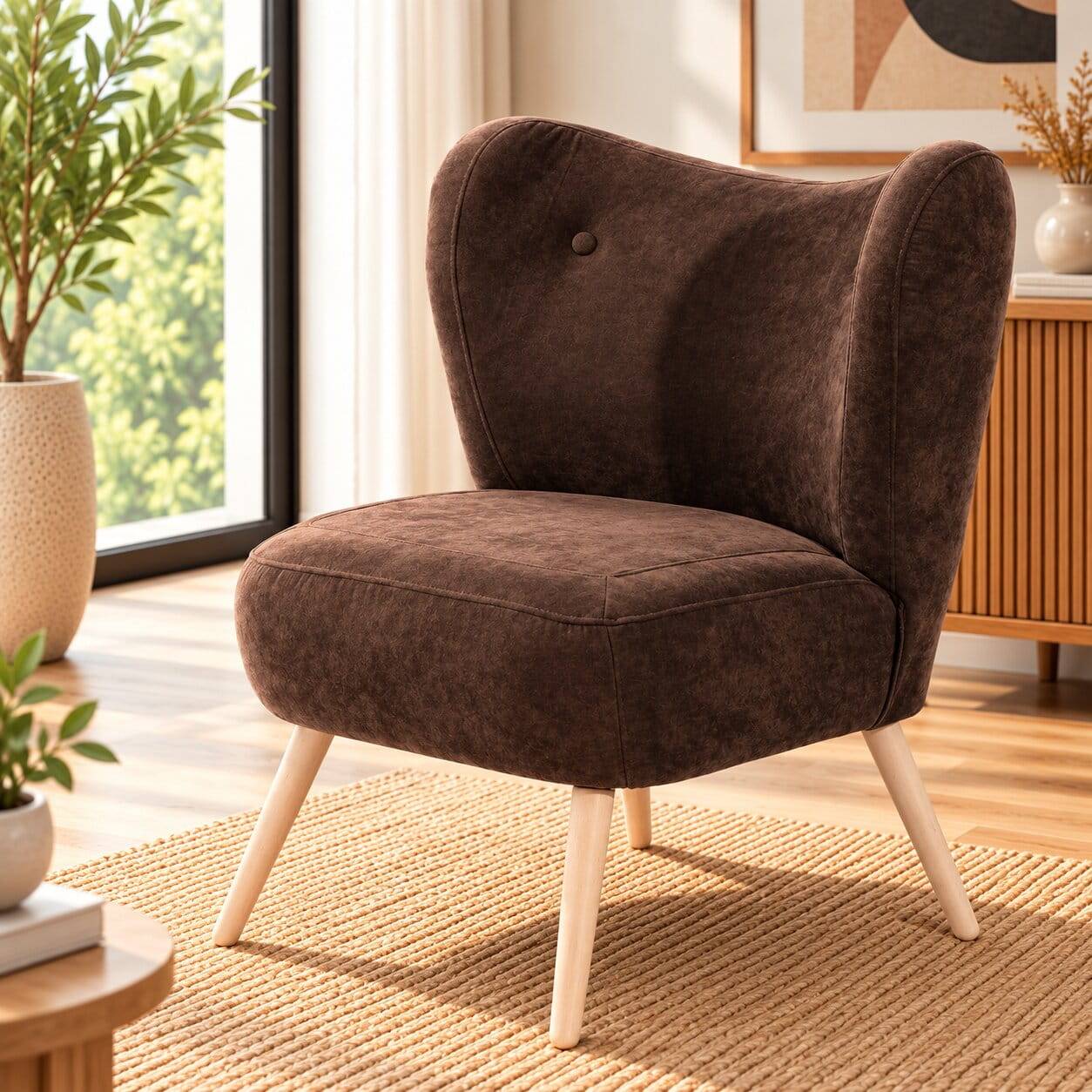 Sessel in Braun Velours und Buche - Cremana