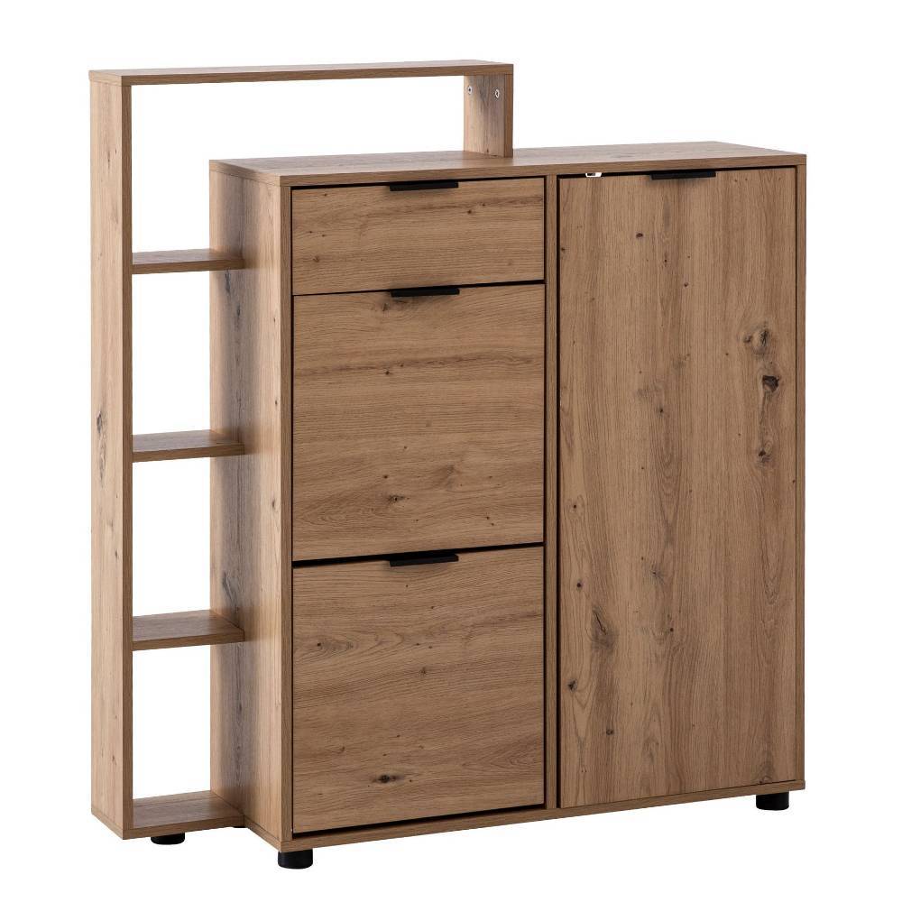 Gesamtansicht des geschlossenen Flur-Highboards in Eiche Holzdekor und Schuhklappen – Zerial