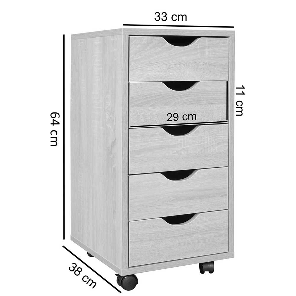 Büro Rollcontainer mit fünf Schubladen in Sonoma-Eiche Optik - 33x64x38 -  Mavricara