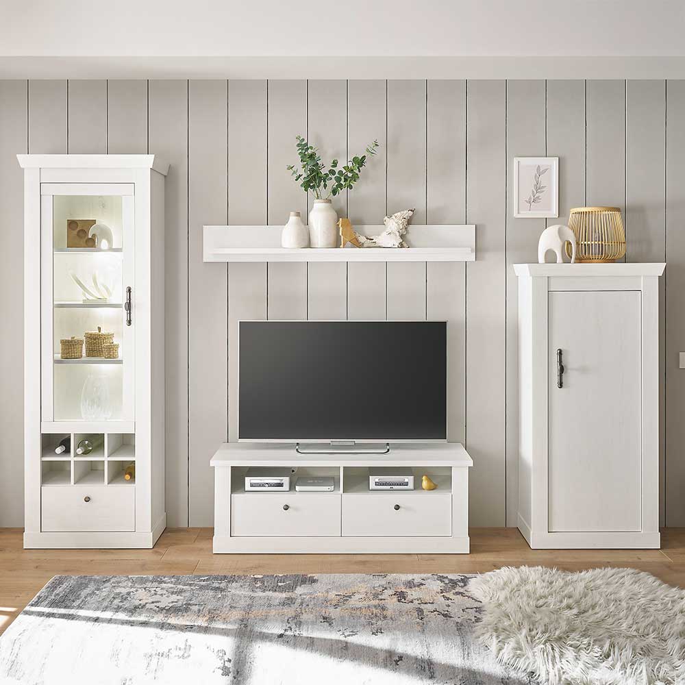Vierteilige Wohnzimmerwohnwand in weißer Holzoptik mit Vitrine, TV-Lowboard und Hochschrank – Liancos