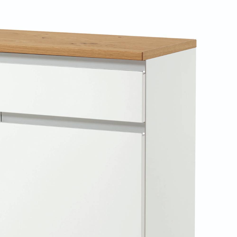 Schuhschrank Vertiko mit weißer Front und Balkeneiche Furnier-Deckplatte, moderner Look – Danita