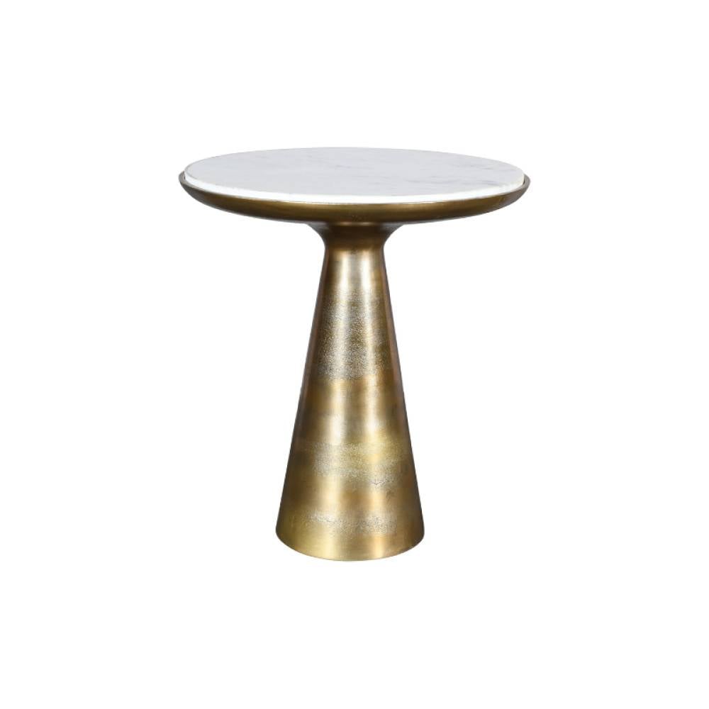 Runder Designtisch mit konischem goldfarbenem Metallfuß und weißer Marmorplatte – Frasyn