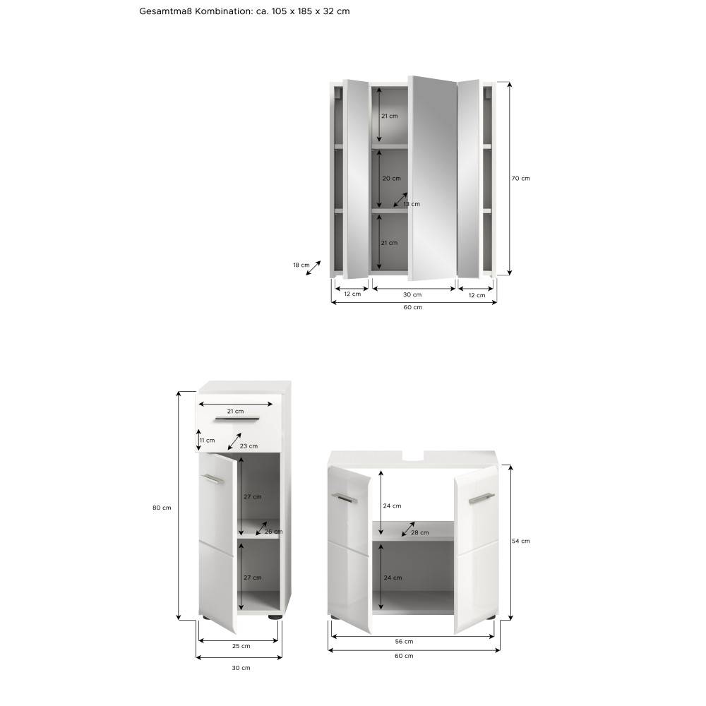 Badmöbelset Clona Maße und Abmessungen für Spiegelschrank, Hochschrank und Waschtischunterschrank – Clona
