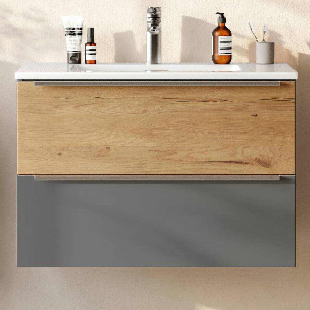 80cm Waschtisch mit Keramikbecken in Mattgrau - Reill