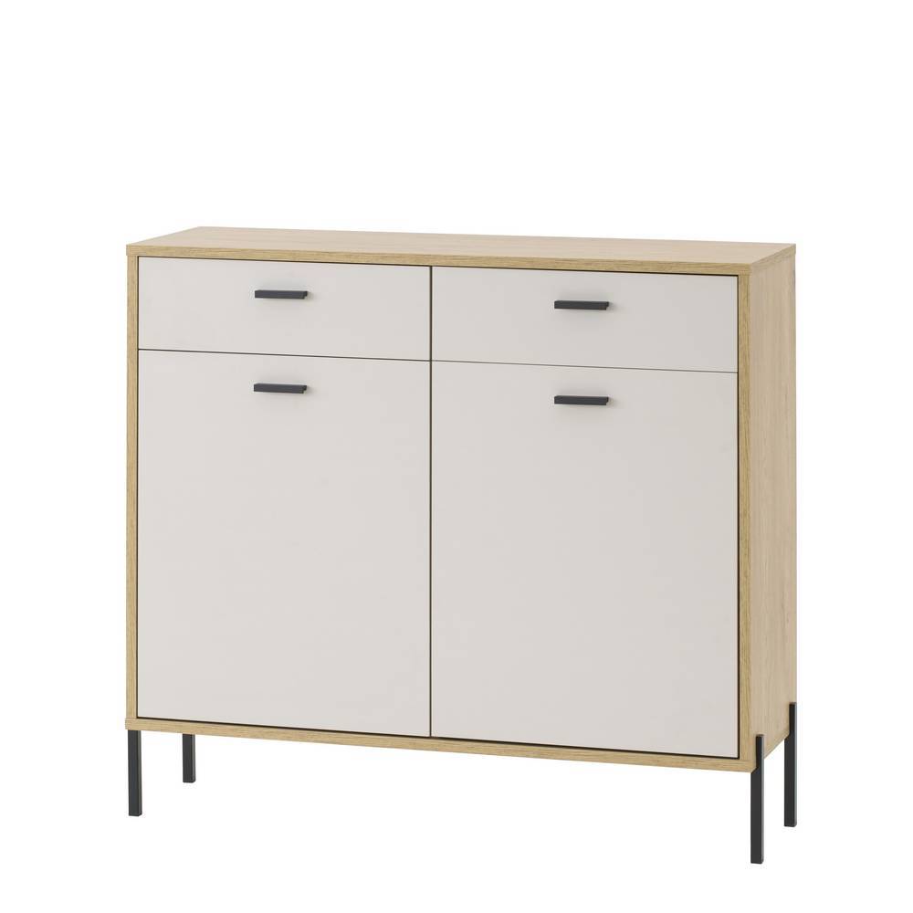 Kombi-Kommode mit zwei Schubladen, zwei Türen, beigen Fronten, Eiche Holzoptik und schwarzen Metallfüßen – Dasanti
