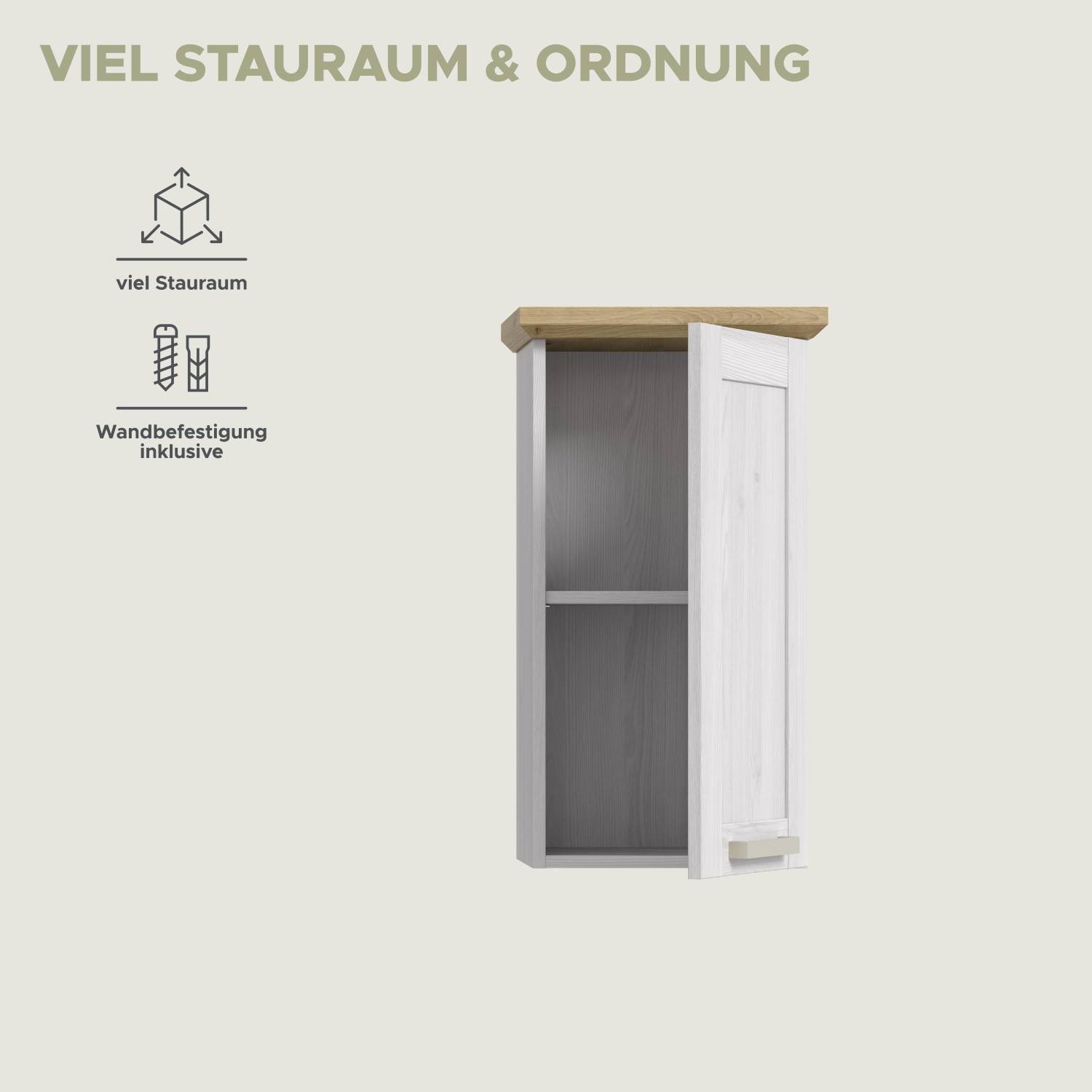 Weißer schmaler Wandschrank mit offener Tür und praktischem Stauraum für Küche oder Bad – Tocella