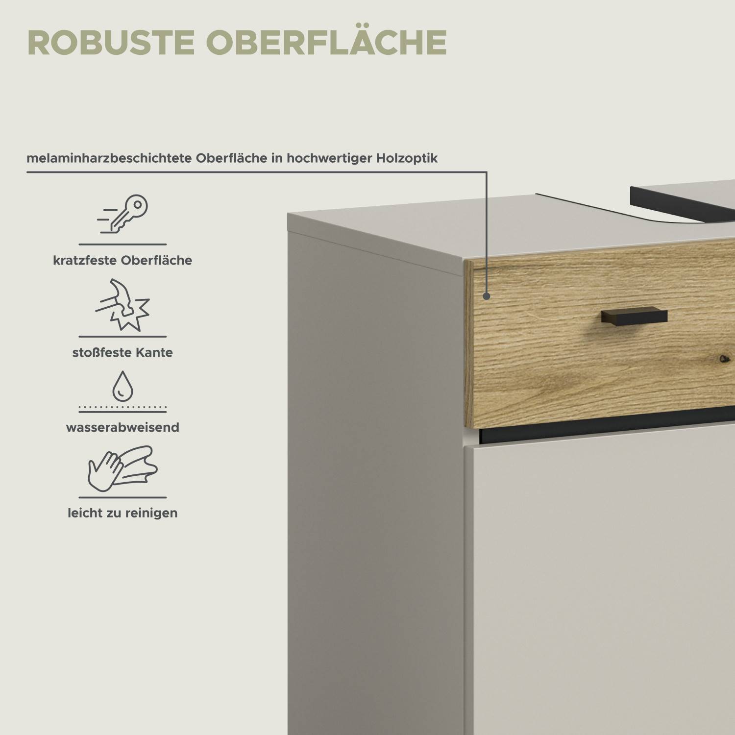 Melaminharzbeschichtete, robuste Oberfläche des Kaschmir Waschplatz Sets in hochwertiger Eichenholzoptik – Majoristo