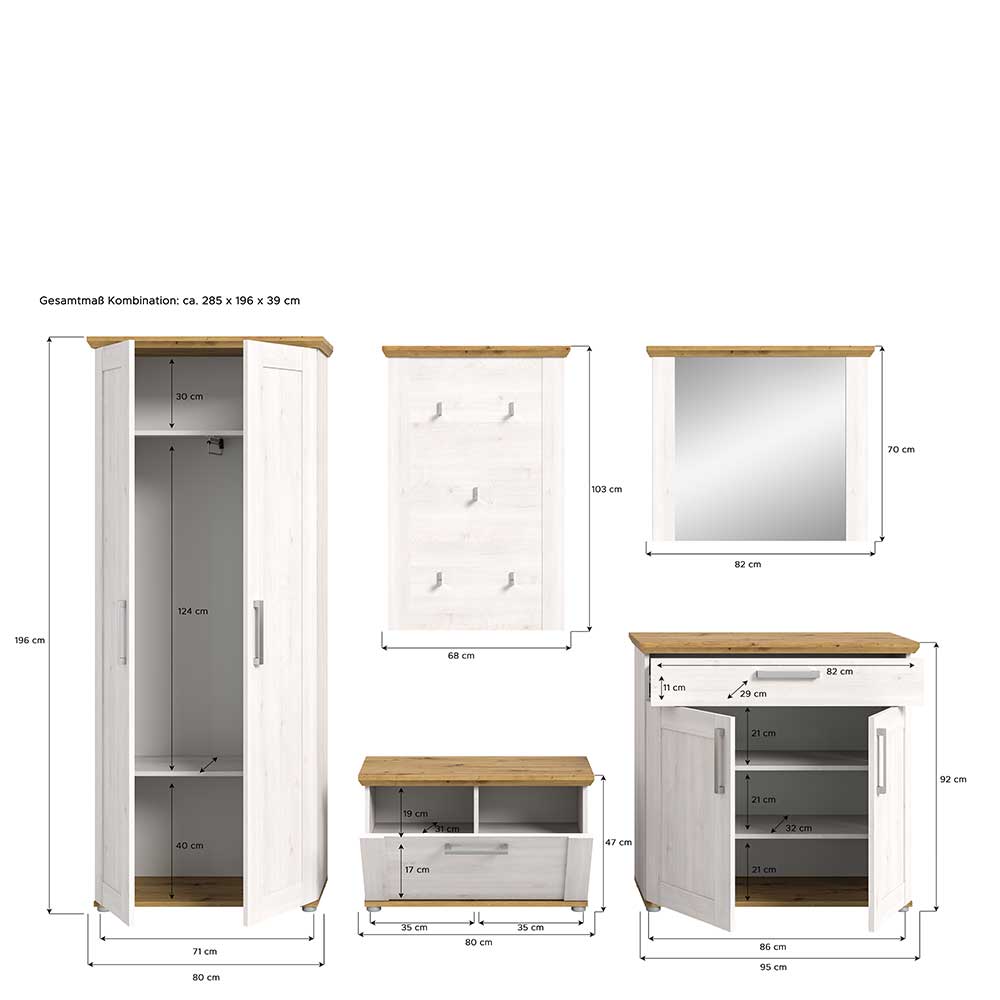 Landhaus Flur Möbelset komplett - Tocella (fünfteilig)