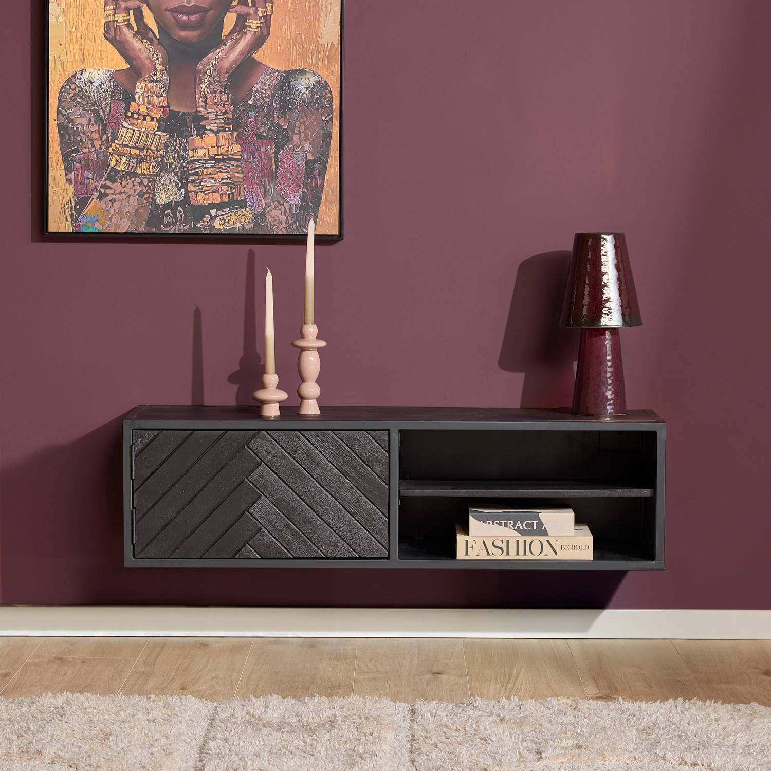 Stylisches schwarzes TV Board aus lackiertem Mangoholz zur Wandmontage im Wohnzimmer – Lida